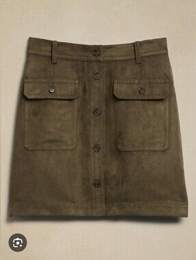 NWT Banana Republic Portia Vegan Suede Mini Skirt Olive Green Button Utility 4